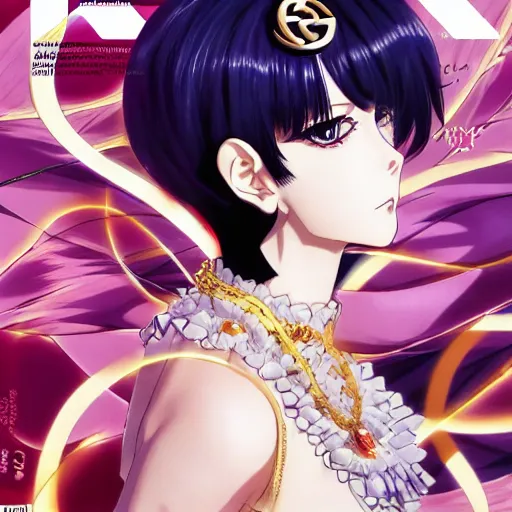 Image similar to Magazine Cover Anime key visual of a Gucci girl; official media; typography; drawn by Hirohiko Araki; Jojo's Bizarre Adventure; Jojolion, portrait, made by Stanley Artgerm Lau, WLOP, Rossdraws, James Jean, Andrei Riabovitchev, Marc Simonetti, Yoshitaka Amano, ArtStation