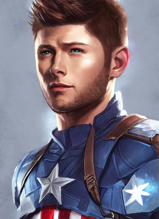 Image similar to an anime portrait of jensen ackles as a beautiful man wearing a captain america costume from skyrim, by stanley artgerm lau, wlop, rossdraws, james jean, andrei riabovitchev, marc simonetti, and sakimichan, trending on artstation