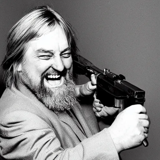 Image similar to laughing robert wyatt with mouth wide open pointing a gun directly at the camera