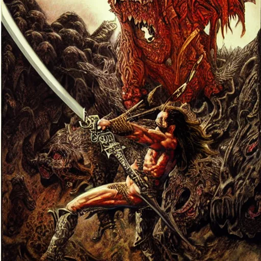 Prompt: arnold swarchenegger with giant sword fights ugly demon, dark fantasy art by kentaro miura, gustave dore, jean giraud, philippe druillet