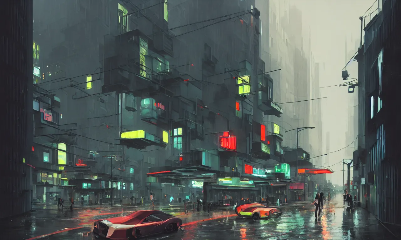 Prompt: photorealistic streetscape, simple brutalist architecture, metal, concrete, wet streets, white neon lights, colorful neon signs, flying vehicles, pedestrians, greg rutkowski, syd mead, ralph mcquarrie, concept art, matte painting, finely detailed, minimal artifacts, rule of thirds, dynamic lighting, cinematic, denoised, centered, artstation