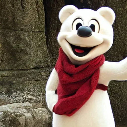 Prompt: a smiling polar bear wearing a scarf, disney