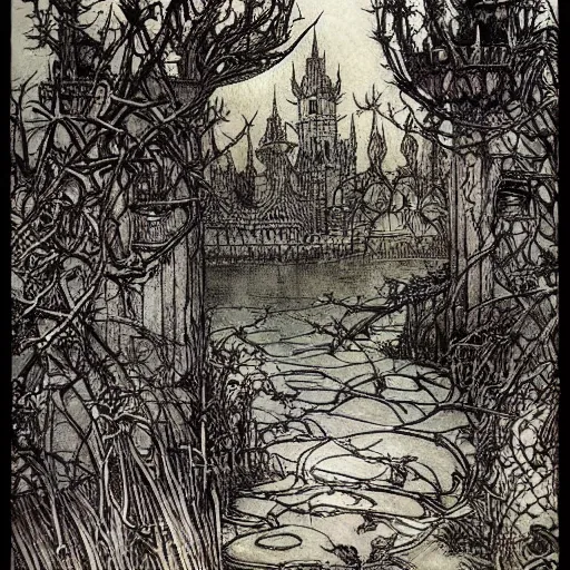 Prompt: fantastic underwater world, environment, building, faerie magic, cast iron fence, thorns, briarwood, overgrown, by Arthur Rackham,full colour, extremely detailed