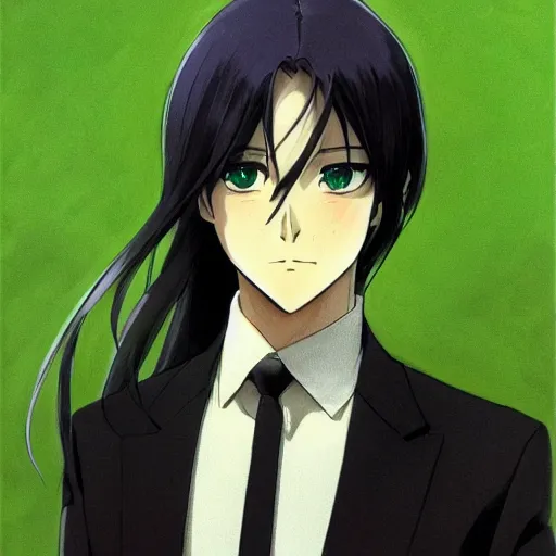 Image similar to full body portrait character concept art, anime key visual of decadent green long straight hair young anime male in black suit, green long straight hair and brown eyes, finely detailed perfect face studio lighting delicate features directed gaze, gapmoe kuudere grimdark, trending on pixiv fanbox, painted by greg rutkowski makoto shinkai takashi takeuchi studio ghibli