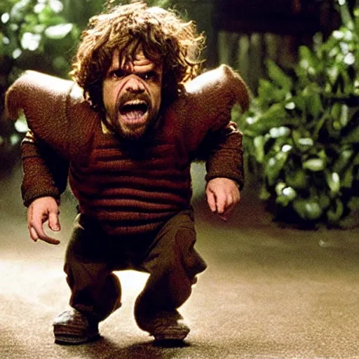 Image similar to “a still of Peter Dinklage running away from the troll in Ernest Scared Stupid”