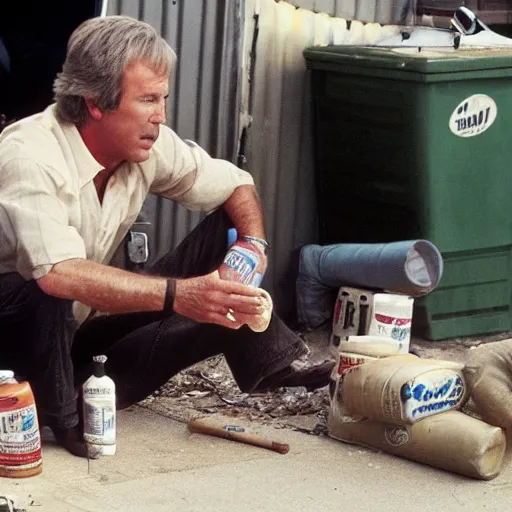 Image similar to kevin tighe with randy mantooth drunk, sitting by a dumpster drinking beer, many empty bottles lie around them