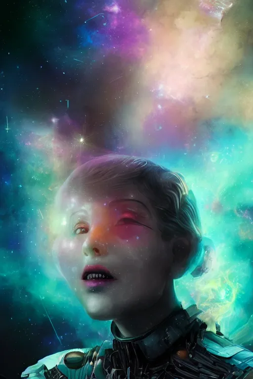 Prompt: a fancy portrait of a broken automaton floating in the vacuum of space with a colourful nebula behind her by dustin nguyen, sung choi, mitchell mohrhauser, maciej kuciara, johnson ting, maxim verehin, peter konig, bloodborne, 8 k photorealistic, cinematic lighting, hd, high details, dramatic, dark atmosphere, trending on artstation