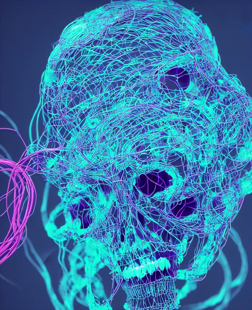 Image similar to close-up portrait of skull dichroic wires and cables jellyfish skull, betta fish, bioluminiscent creatures, intricate artwork by Tooth Wu and wlop and beeple. octane render, trending on artstation, greg rutkowski very coherent symmetrical artwork. cinematic, hyper realism, high detail, octane render, 8k