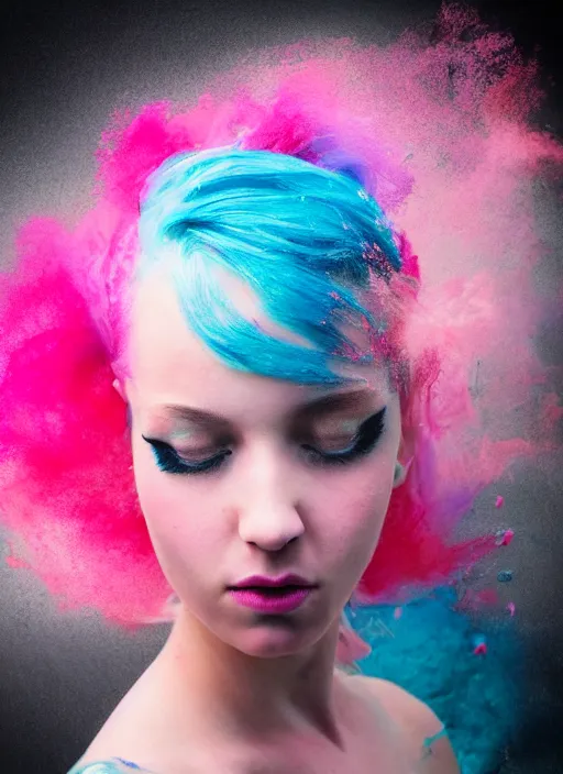 Image similar to a dramatic lighting photo of a beautiful young woman with cotton candy hair. paint splashes. moody, melanchonic. with a little bit of cyan and pink