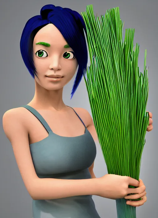 Image similar to 1992 japanese 3D render of a blue haired girl holding a leek. simple background