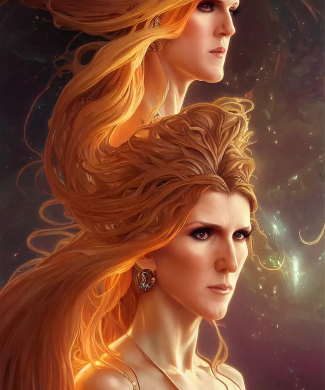 Image similar to Celin Dion as a fantasy magic woman portrait, sci-fi, amber eyes, face, long hair, fantasy, intricate, elegant, highly detailed, digital painting, artstation, concept art, smooth, sharp focus, illustration, art by artgerm and greg rutkowski and alphonse mucha