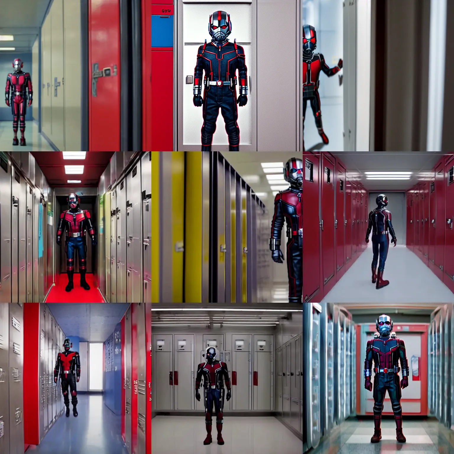 Prompt: A tiny Antman standing in a school locker, film still from 'Ant-Man and the Wasp' (2018)