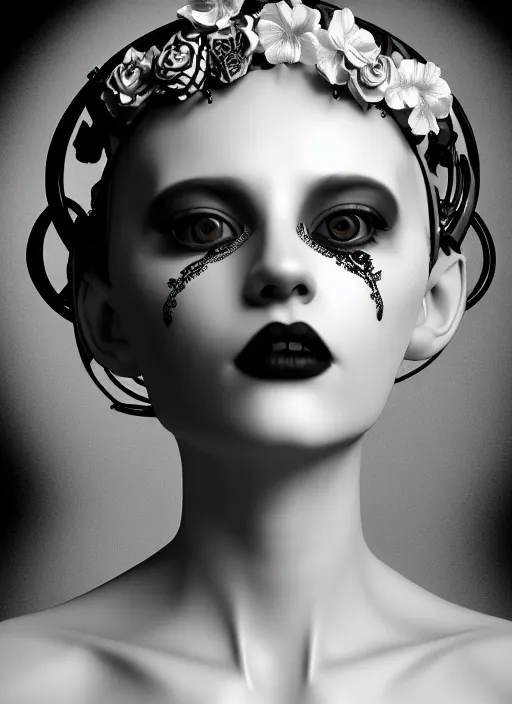 Image similar to black and white dreamy profile face portrait, one silver steampunk eye biomechanical beautiful angelic young female cyborg - robot bust, body ribs meshes,, volumetric light, hibiscus flowers, rim light, big gothic fashion pearl embroidered collar, 1 9 3 0, 8 k