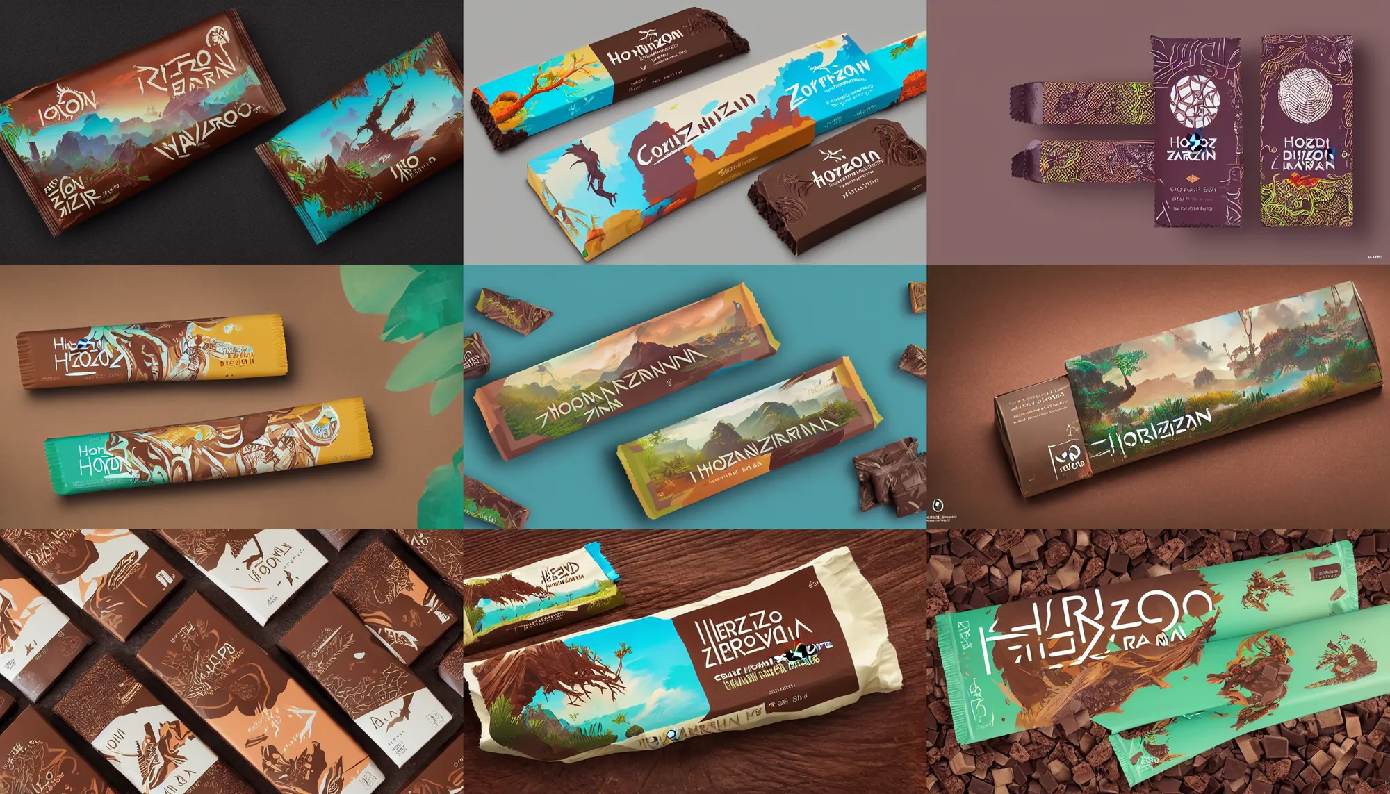 Prompt: horizon zero dawn island inspired conceptual chocolate bar packaging, label design, behance, packaging of the world, award, front label, packaging design, craft