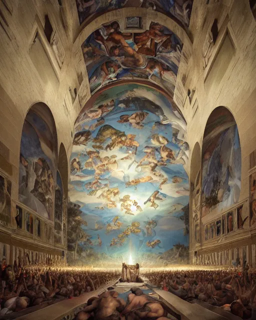 Image similar to sistine chapel by peter mohrbacher and dan mumford and nekro, cgsociety, volumetric light, 3 d render