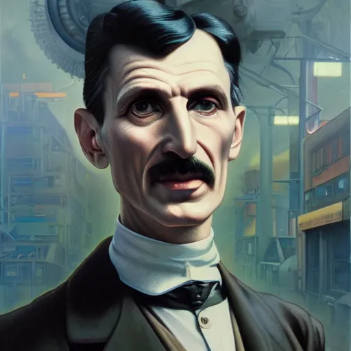 Image similar to [UHD Nikola Tesla as a GTA character on the streets of an industrial dystopia, holding a ray gun, correct face, intricate facial details, symmetrical face, graphic detail, digital painting, trending on artstation, concept art, tonalism, sharp focus, illustration, art by Akira Toriyama and Greg Rutkowski and Alphonse Mucha]