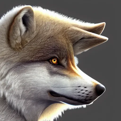 Image similar to professional stylized full - body digital art of a side profile of a tibetan wolf, light tan fur, fluffy, falling leaves, hd, 8 k, highly detailed, high quality, cute