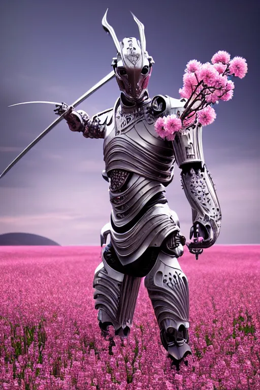 Image similar to ultrarealistic cinematic cyborg dragon holding sword in a field of pale pink flowers, highly detailed smooth digital art masterpiece, vitaly bulgarov artgerm dramatic light, ground angle uhd 8 k, sharp focus