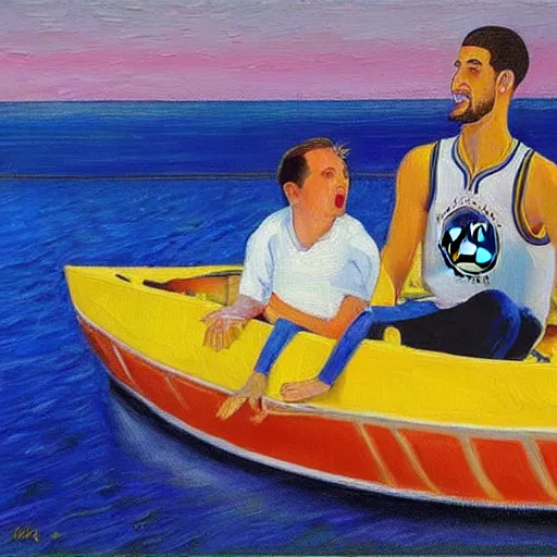 Prompt: klay thompson on a boat in the bay with his white rat, oil on canvas by wayne thiebaud