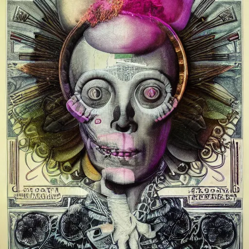 Image similar to post - punk new age album cover, asymmetrical design, dollar bank notes, capitalism, magic, apocalypse, psychedelic, black white pink, magic, giger h. r., giuseppe arcimboldo