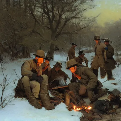 Prompt: civil war soldiers hunkering down in a trench in the snow, huddled around a small campfire for warmth at dusk. warm colors, hard angles, painting by gaston bussiere, craig mullins, j. c. leyendecker