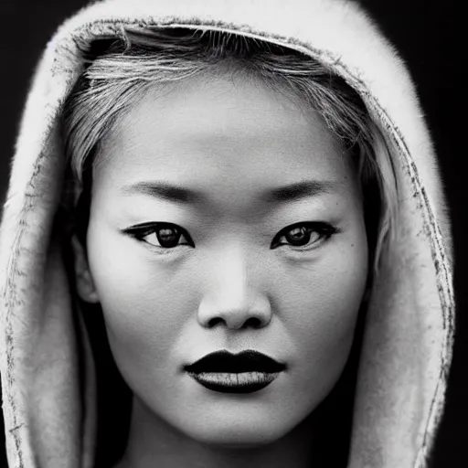 Prompt: black and white vogue closeup portrait by herb ritts of a beautiful female model, mongolian, high contrast