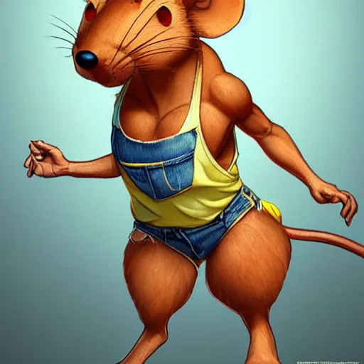 Image similar to anthropomorphic mouse wearing denim short shorts and yellow tank top, highly detailed, artgerm style, artstation, soft light, sharp focus, illustration, character design, concept art