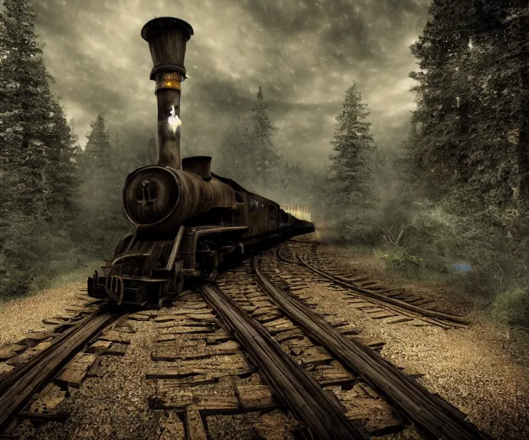 Prompt: magical ghost train, high res, photorealistic, dark atmosphere, gloomy tracks, bright lights, forestry