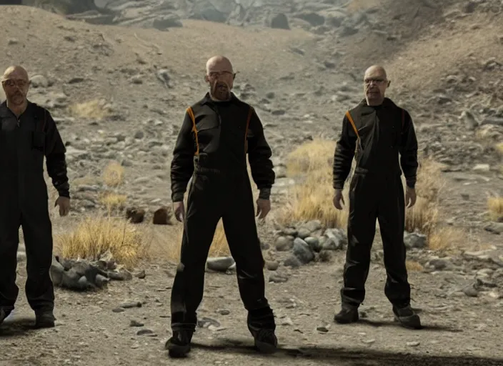 Image similar to film still of Walter White as Gordan Freeman wearing Black Mesa Jumpsuit in the Half Life Movie, 4k