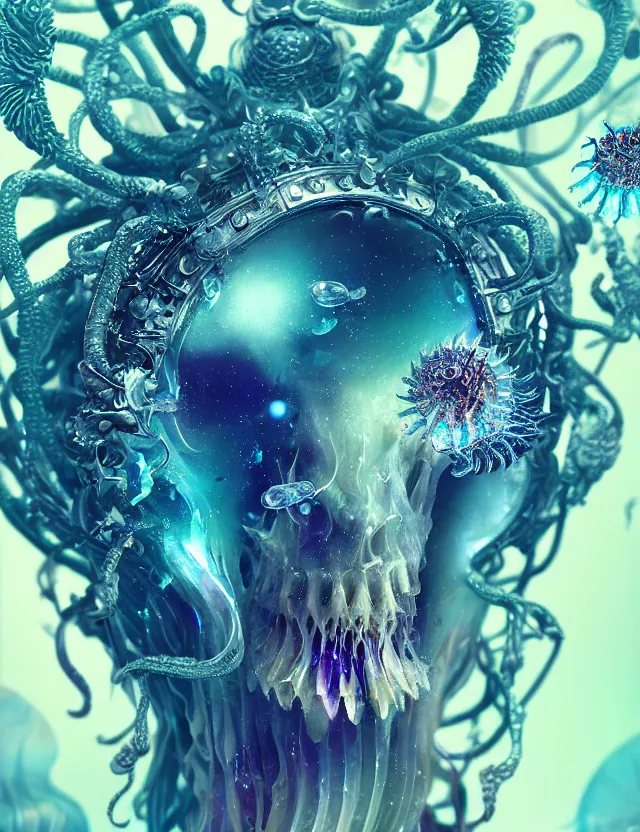 Image similar to goddess macro close - up portrait in crown made of ram skull. betta fish, jellyfish phoenix, bioluminiscent, plasma, ice, water, wind, creature, super intricate ornaments artwork by tooth wu and wlop and beeple and greg rutkowski