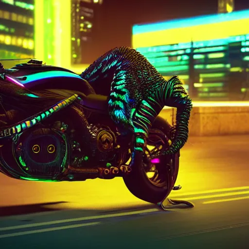 Image similar to portrait of a neon cyberpunk jaguar animal riding a motorcycle, octane render