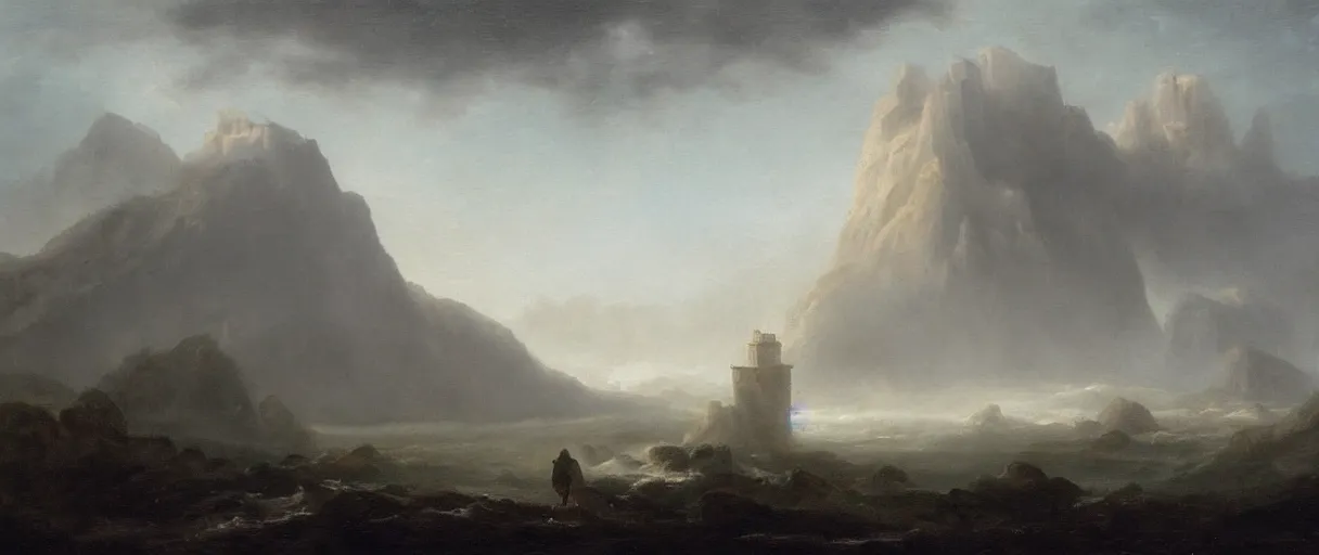 Image similar to an impossibly large tower rising from a sea of mist,evocative,romanticism landscape painting,chiaroscuro