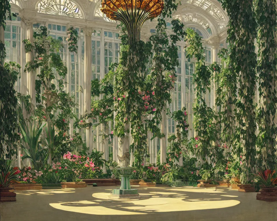 Prompt: an achingly beautiful print of the interior of a beaux arts botanic garden, featuring marble fountains, blooming tropical flowers, hanging Tiffany chandeliers, and classical antiquities by Raphael, Hopper, and Rene Magritte. detailed, romantic, enchanting, trending on artstation.