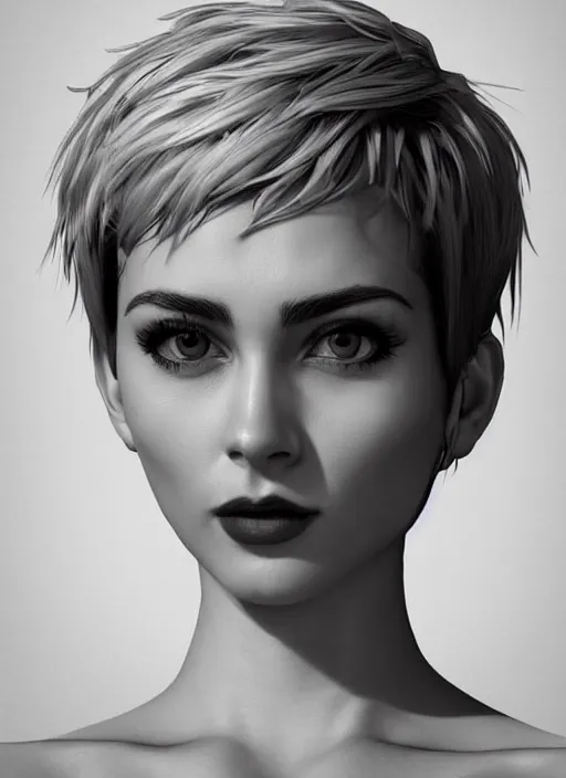 Prompt: up close portrait of a beautiful woman in black and white, photorealistic, pixie cut, intricate hair, upper body, art by diego fazio and diegoKoi and oscar Ukono, concept art, sharp focus, artgerm, 8k highly detailed