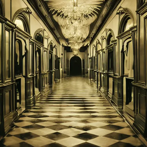 Image similar to a beautiful victorian woman is frightened by her doppleganger in a mirror. she is in a long hallway of mirrors. victorian interior, with many mirrors, twins, elegant design, haunting atmosphere, dark lighting, gothic, horror style, scary, swirling fog, volumetric lighting, by greg rutkowski, realistic, dutch angle, 3 / 4 view.