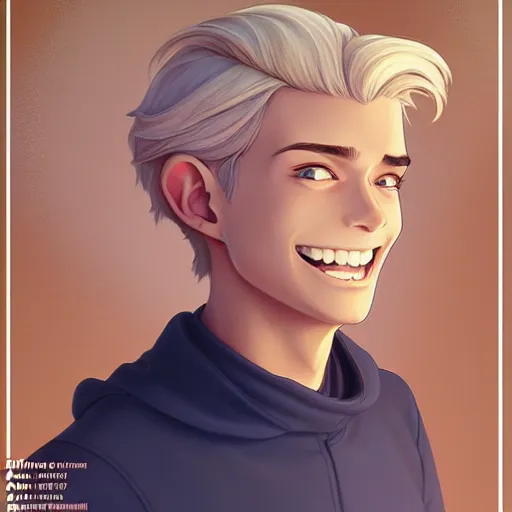 Image similar to young man with short, ash blond greyish hair, happy and smiling, path traced, highly detailed, high quality, digital painting, by don bluth and ross tran and studio ghibli and alphonse mucha, artgerm, sylvain sarrailh