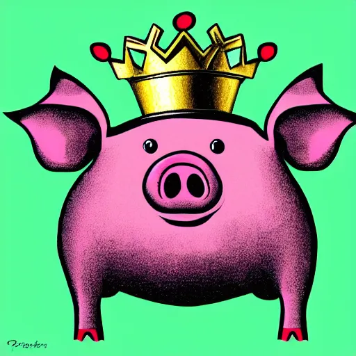 Image similar to illustration pig wearing a simple gold crown in the style of peter max