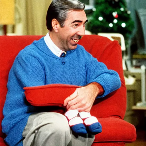 Prompt: fred rodgers, mr. rodgers neighborhood, blue sweater, putting on his shoes,