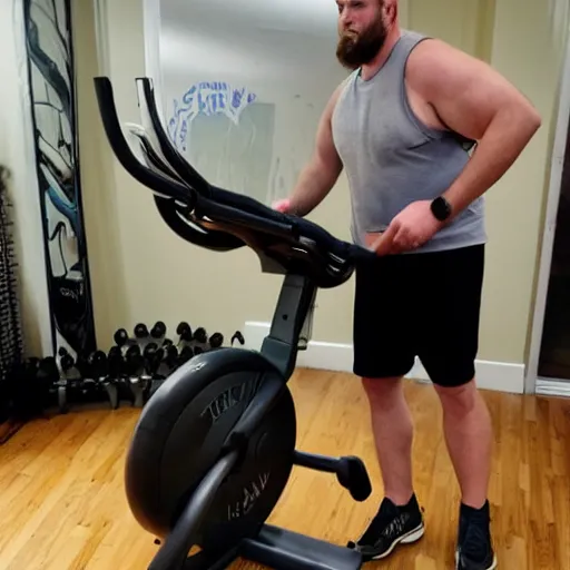 Prompt: ethan van sciver with a bald head and grey trimmed beard working out vigorously on his peloton exercise bike