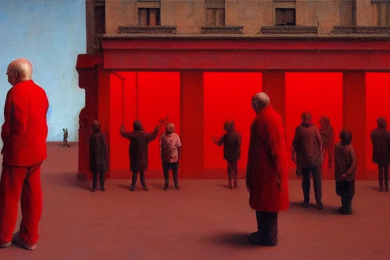 Image similar to only with red, a red old man try to sell a portrait, a crowd cheering, in a city square, in the style of beksinski, parts by edward hopper, parts by rodcenko, parts by yue minjun, intricate and epic composition, red by caravaggio, insanely quality, highly detailed, masterpiece, red light, artstation, 4 k