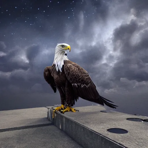 Image similar to A extremely realistic eagle with high detail night vision goggles, standing on a big church, sharp claws, full body, cloudy, midnight, smoke, ultra high detail digital art, trending on Artstation