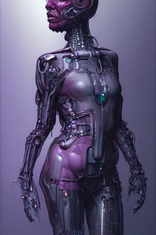 Prompt: portrait of a cyberpunk woman with biomechanichal parts by Wayne Barlowe, hyper detailled, trending on artstation