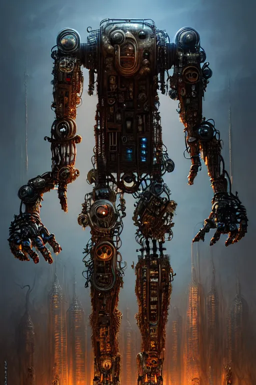 Image similar to A photorealistic 3d render of a robot monster cyborg made of circuits wide view shot by ellen jewett , tomasz alen kopera and Justin Gerard symmetrical features, ominous, magical realism, texture, intricate, ornate, royally decorated, android format, windows, many doors, roofs, complete house , whirling smoke, embers, red adornments, red torn fabric, radiant colors, fantasy, trending on artstation, volumetric lighting, micro details, 3d sculpture, ray tracing, 8k