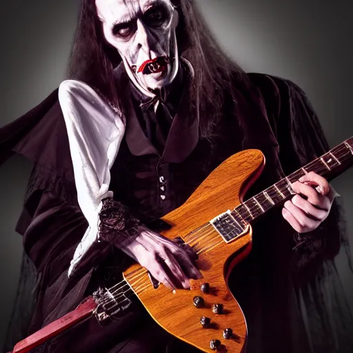 Prompt: UHD candid photo of Count Dracula playing electric guitar in front of a gothic cathedral, with accurate face, UHD, photorealistic, correct face, real Gibson guitar, photo by Annie Leibowitz
