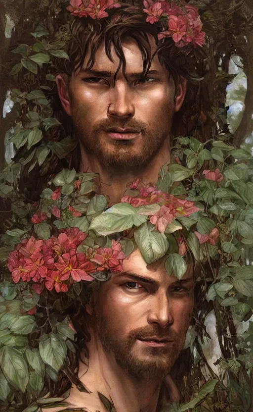 Image similar to god of the forest, 3 0 years old, rugged, handsome, male, detailed face, clean lines, atmospheric lighting, amazing, full body, thighs, flowers, muscular, intricate, highly detailed, digital painting, deviantart, concept art, sharp focus, illustration, art by greg rutkowski and alphonse mucha