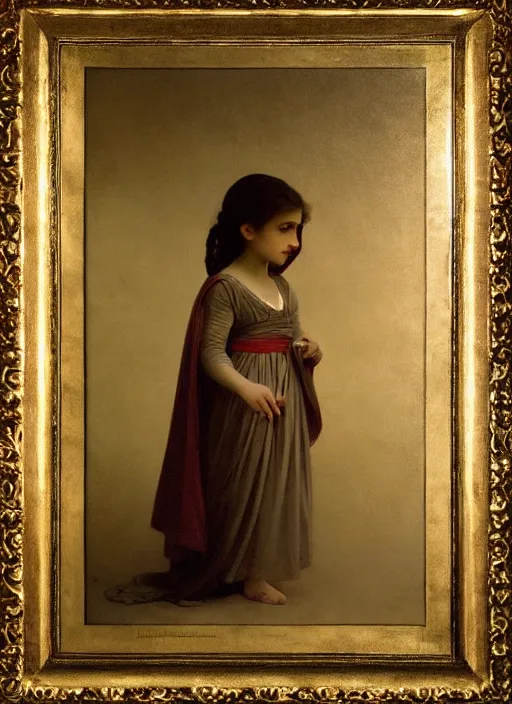 Prompt: shadows in the dark lurking on a lost little girl wearing a gold cloak, backlight, creepy, extremely realistic and highly detailed painting by william - adolphe bouguereau and caravaggio, soft light, gold ratio