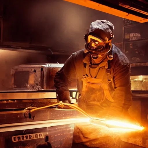 Image similar to cyborg toaster oven repairman, dark messy smoke - filled cluttered workshop, dark, dramatic lighting, orange tint, sparks, plasma rays, cinematic, highly detailed, sci - fi, futuristic, movie still