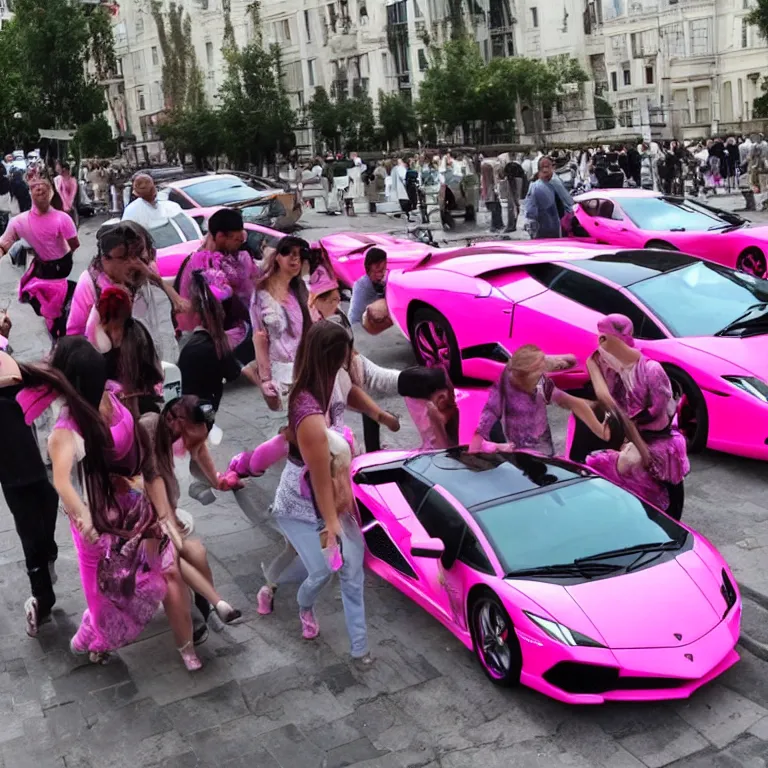 Prompt: a group of people carrying a pink lamborghini