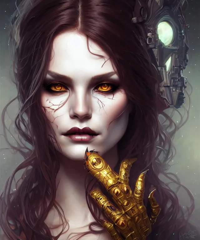 Image similar to Halloween woman portrait, sci-fi, amber eyes, face, long hair, fantasy, intricate, elegant, highly detailed, digital painting, artstation, concept art, smooth, sharp focus, illustration, art by artgerm and greg rutkowski and alphonse mucha