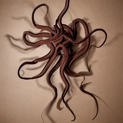 Image similar to tentacles made of brown corrugated cardboard, cut out of cardboard, realistic photography, fantasy